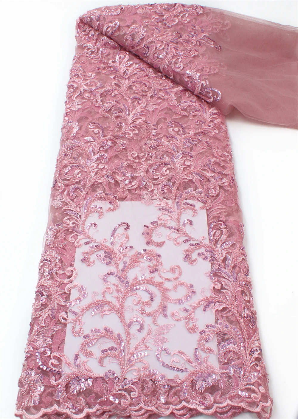 

Nigerian French Lace Fabric 2023 High Quality Sequins Embroidered Luxurious Pink Beaded Lace Fabric 5 Yards Wedding 5084B