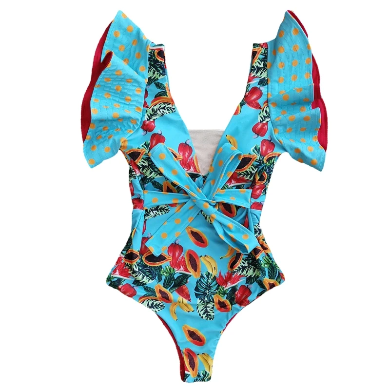 

V-neck Ruffles One-Piece Swimsuit Sexy Women Monokini 2022 Girls Beach Swimwear