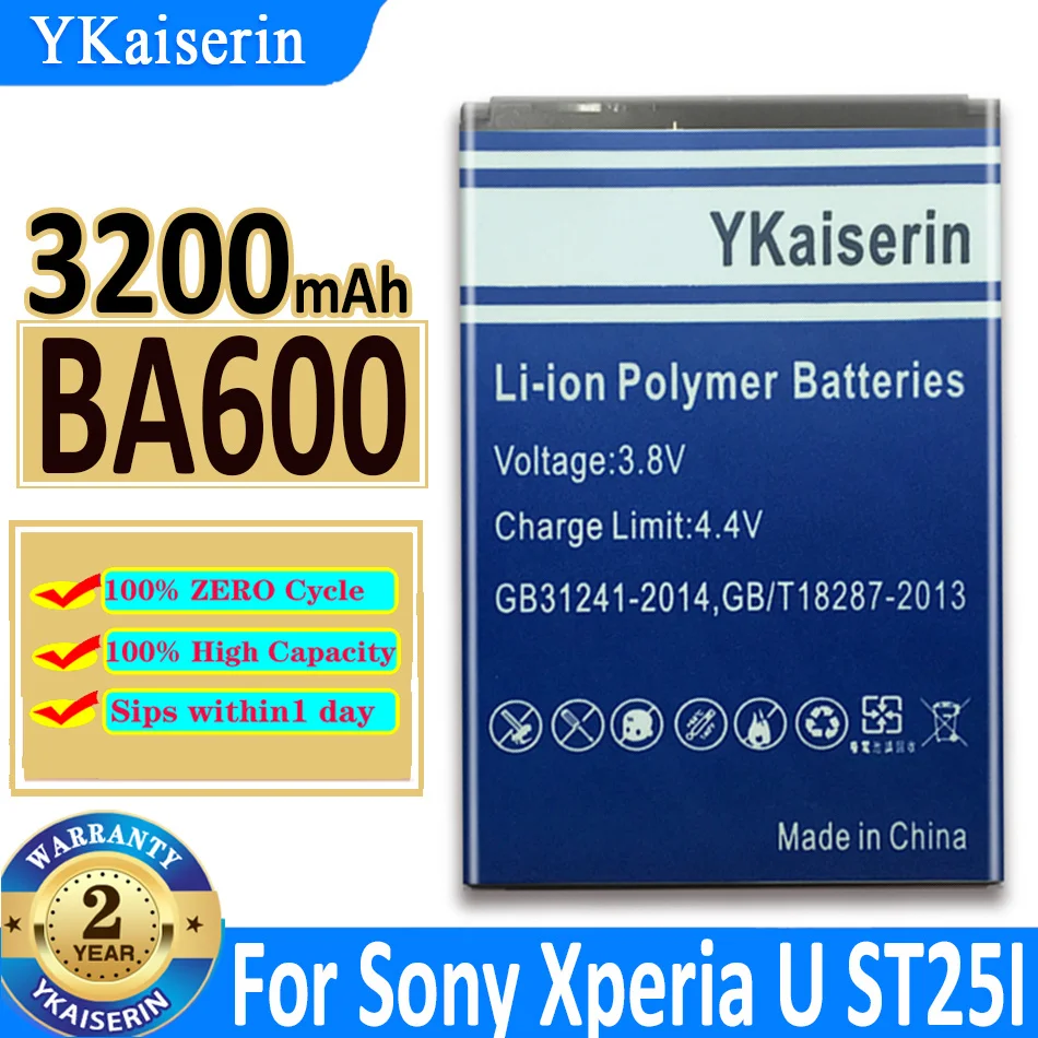 

3200mah YKaiserin Battery Cell Phone For Sony Battery For Sony ST25i ST25C Xperia U Kumquat BA600 Genuine Batterij Batteria