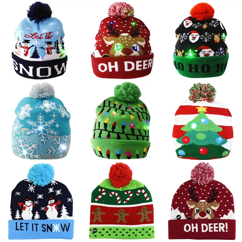 

Christmas Hats Sweater Santa Elk Knitted Beanie Hat With LED Light Up Cartoon Patteren Christmas Gift For Kids New Year Supplies