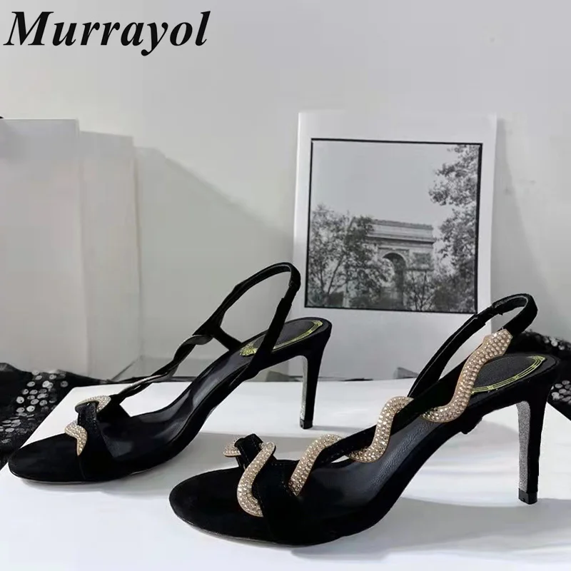 Сандалии на тонком каблуке в форме змеи с одним ремешком женские замшевые