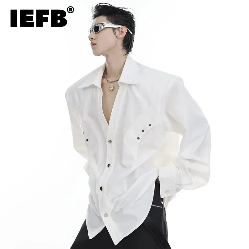 

Рубашка IEFB мужская с наплечниками и длинным рукавом, нишевой дизайн в стиле Хай-стрит, однотонная трендовая одежда, кардиган, новинка 2023, 9A8059