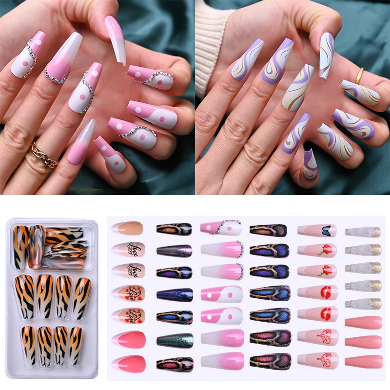 

24PCS Fashion Colorful False Nails Long Detachable French Fake Nail Ballet Coffin Nail Tips Rhinestones Press on Nail Art Tool