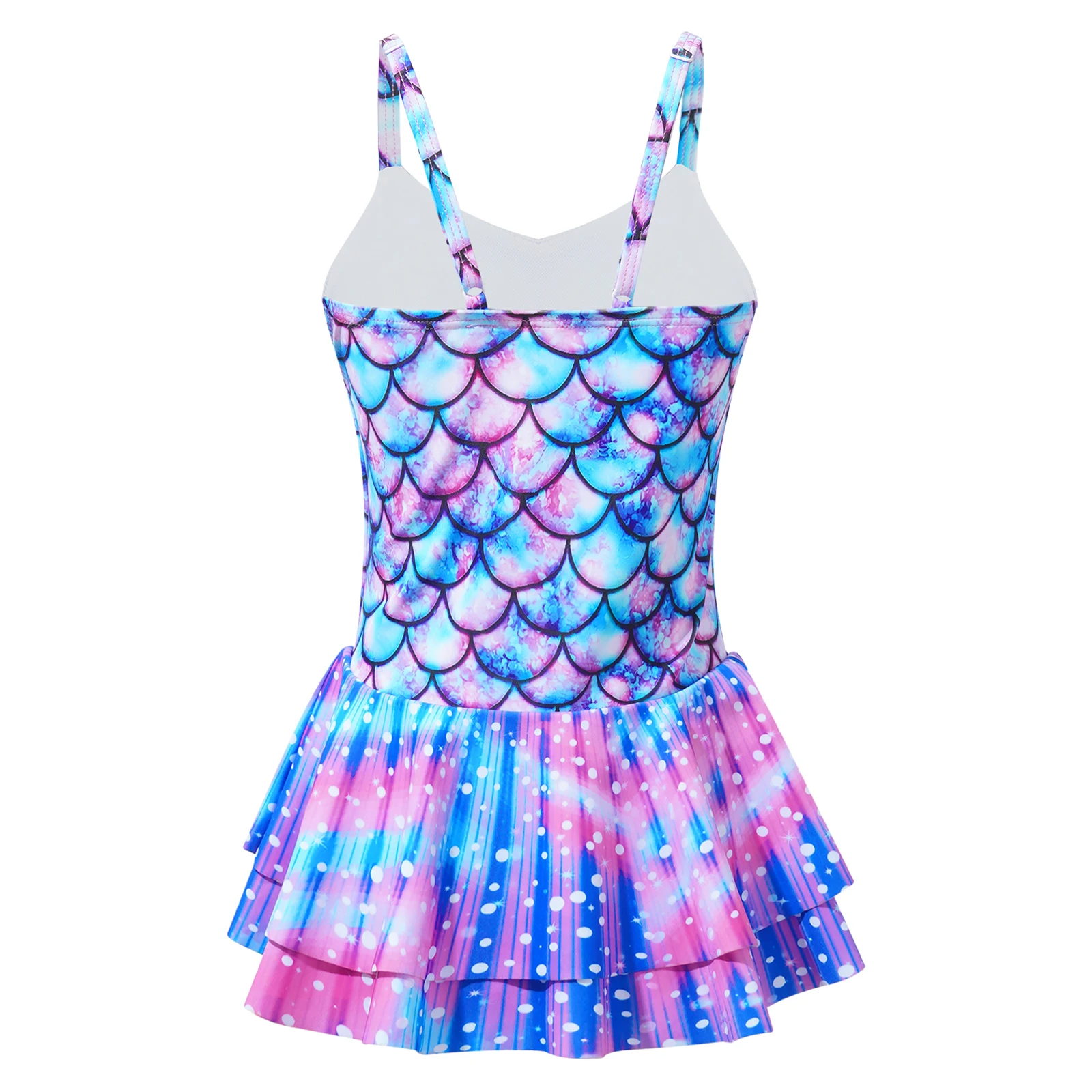 Kids Girls Purple One-piece Swimwear Rash Guard Mermaid Fish Scales Print Swimsuit Straps Ruffle Flounce Beach Surfing Jumpsuit