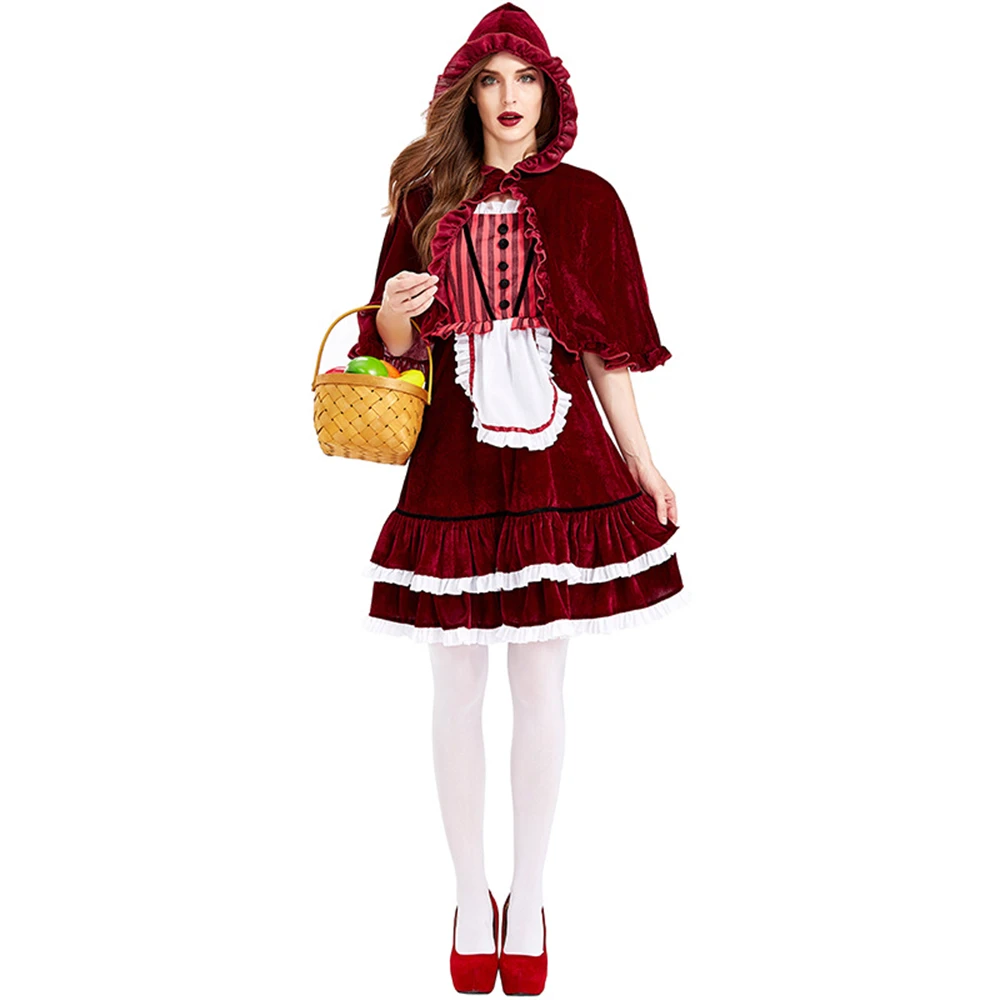 

Halloween Cosplay Striped Burgundy Lace Cape Little Red Riding Hood Women's Party Costume Skirts Stage Costumes