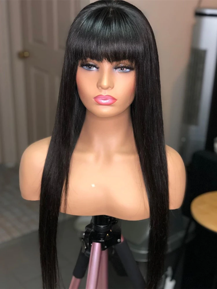 100% Human Hair Wig With Bangs Brazilian Straight Short Bob Human Hair Wigs For Black Women Cheap Black 30 Inch Long Fringe Wig