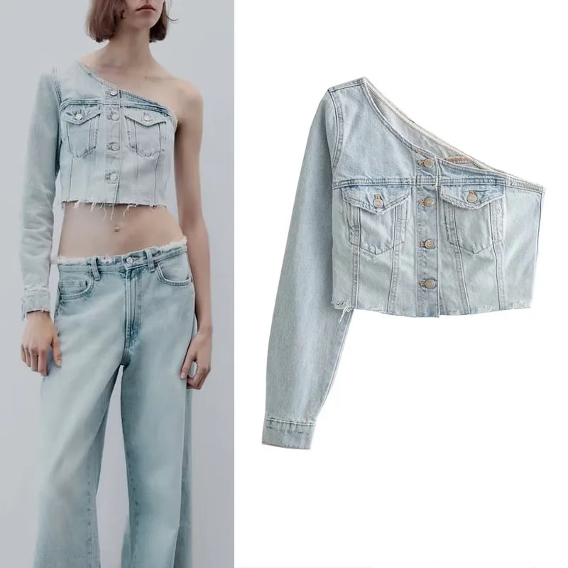 

TRAF 2023 Woman Asymmetric Denim Crop Top Summer Elegant And Youth Woman Blouses Vintage Long Sleeve Button Shirts Streetwear