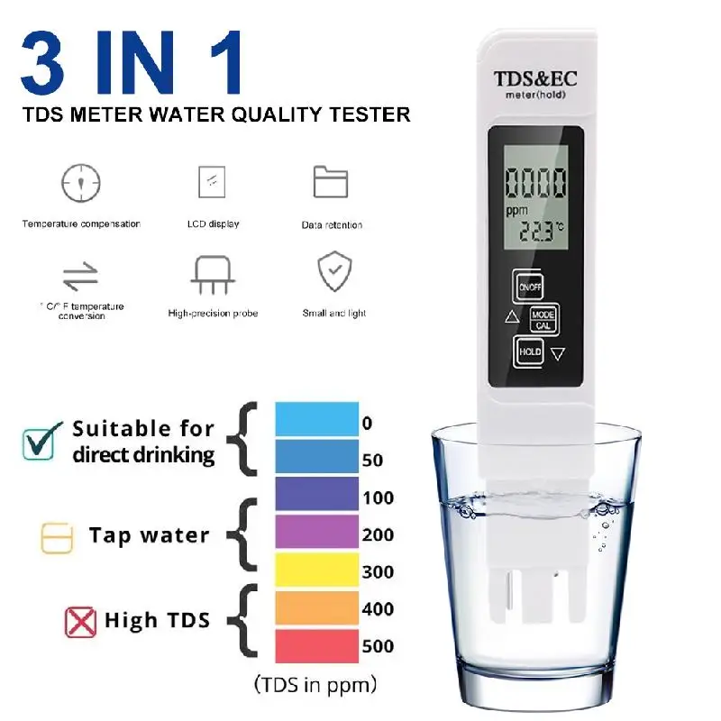 

UYANGG 1PC Digital Water Quality Tester TDS EC Meter Range 0-9990 Multifunctional Water Purity Temperature Meter TEMP PPM Tester