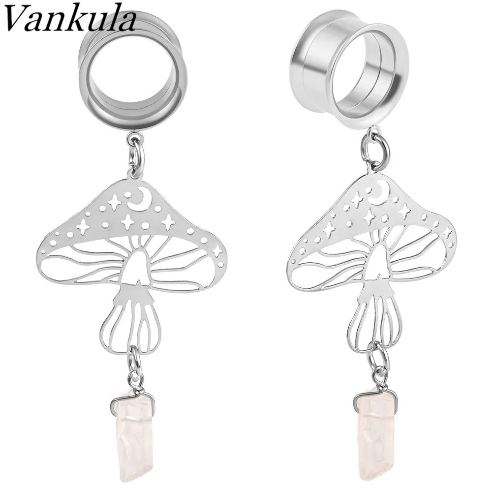 

Vankula 2PC Ear Gauges Mushroom-Pendant Natural Stone Stainless Steel Dangle Ear Plugs Tunnels Stretcher Piercing Body Jewelry