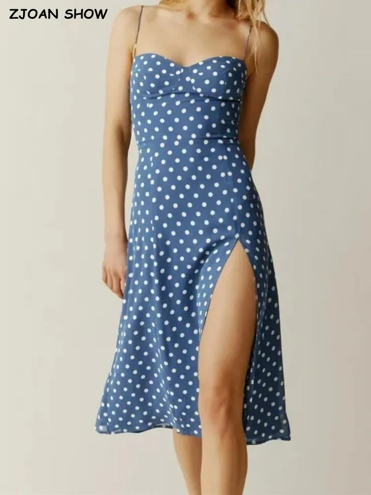 

2022 French Style Blue White Polka Dot Print Adjust Spaghetti Strap Dress Sexy Women Lacing up Sling Slit Dresses Holiday Robe