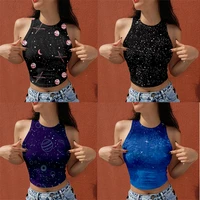 summer women top sexy midriff baring vest sling crop sleeveless casual clothes print comfortable simple style