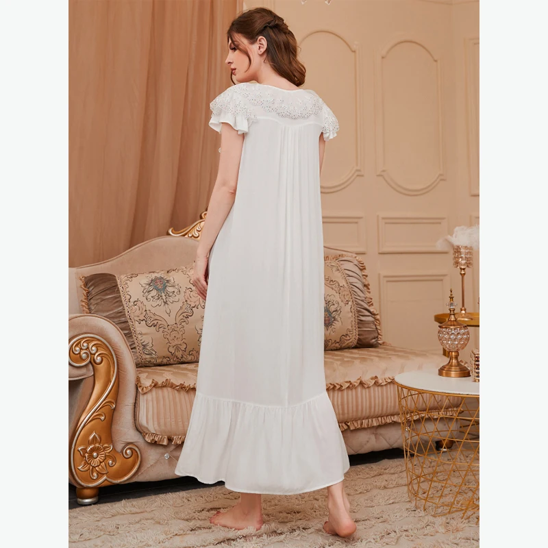 MAYMOLI Palace Style Women's Home Dress Solid Color V -neck Beaded Lace Night Dresses Sleepwear 2022 Fashion Nightie