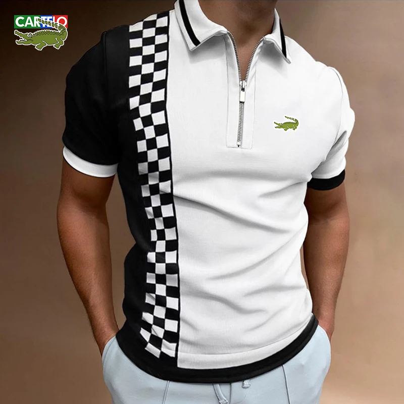 

CarteloPOLO Shirts Men's Fashion T-Shirts 2022 Summer Striped Zipper Men's T-Shirts Short Sleeve Shirts Casual Slim Tops
