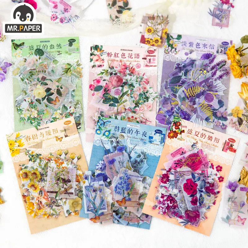 

Mr. Paper 30pcs/ Pack PET Waterproof Stickers Gilding Flowers Series Literature Stickers Aesthetic Decoration Stationery