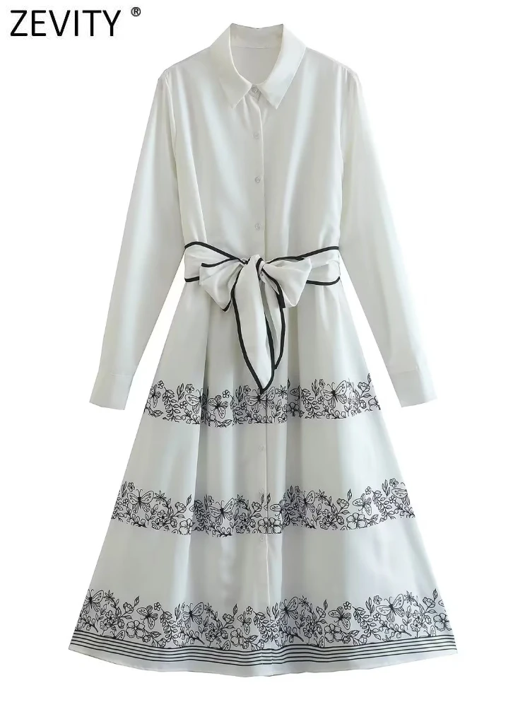 

Zevity 2022 Women Fashion Position Flower Print Breasted Slim Shirt Midi Dress Office Lady Chic Sweet Bow Sashes Vestidos DS3315