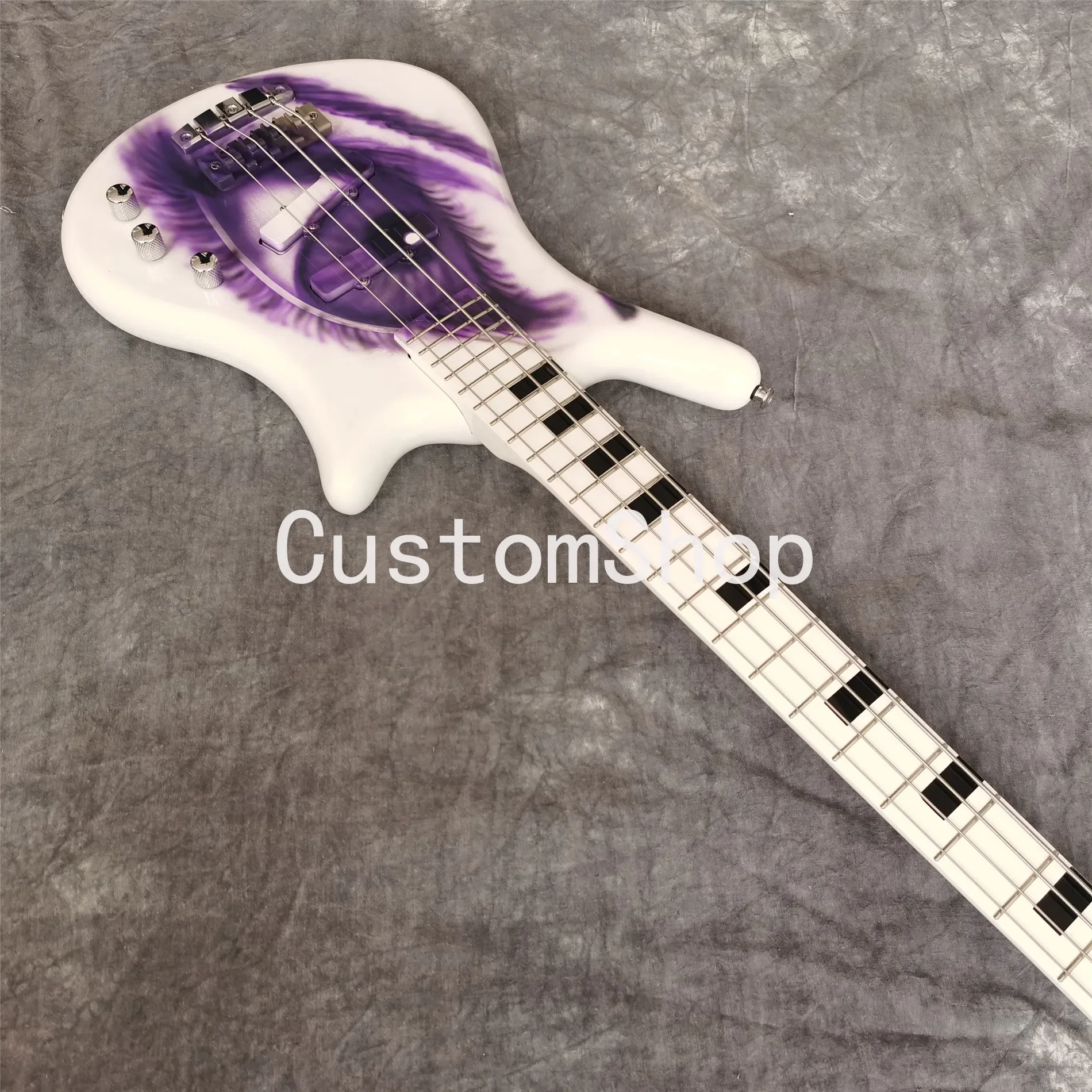 

4 Strings Prince Symbol Cloud One EYE White Electric Bass Guitar Hand Work Paint, 26 Frets, Black Block Inlay