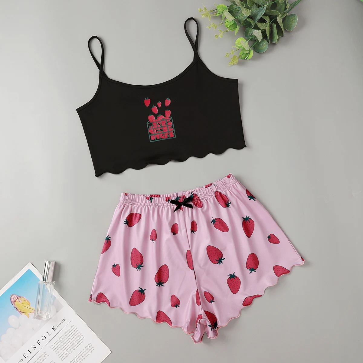 Cartoon Printed Pajamas Women's Suspender Cami Short Underwear Nightdress Set Stylish Sexy Home Women's Underwear Nightdress Set