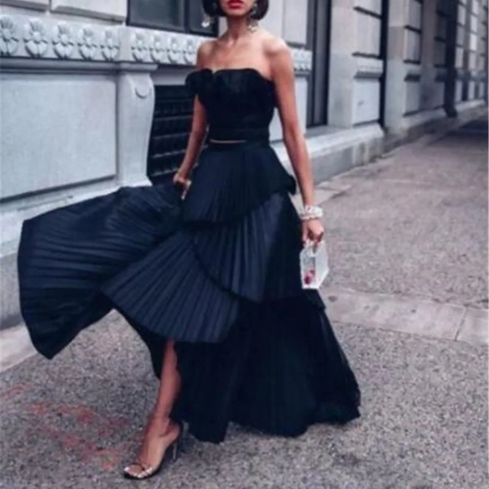 

2022 Modern Black Pleats A Line Evening Party Dresses Tiered Skirt Strapless Ankle Length Prom Gowns Special Occasion Dress