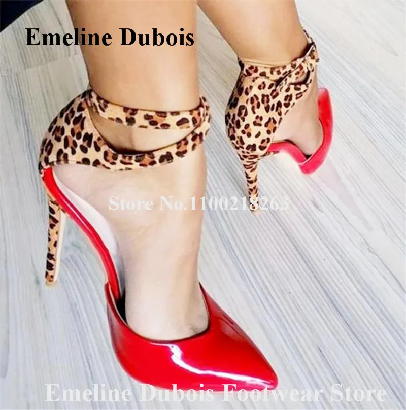Leopard Stiletto Heel Pumps Emeline Dubois Fashion Pointed Toe Patent Leather Patchwork Thin Heel Shoes Red Nude Black High Heel