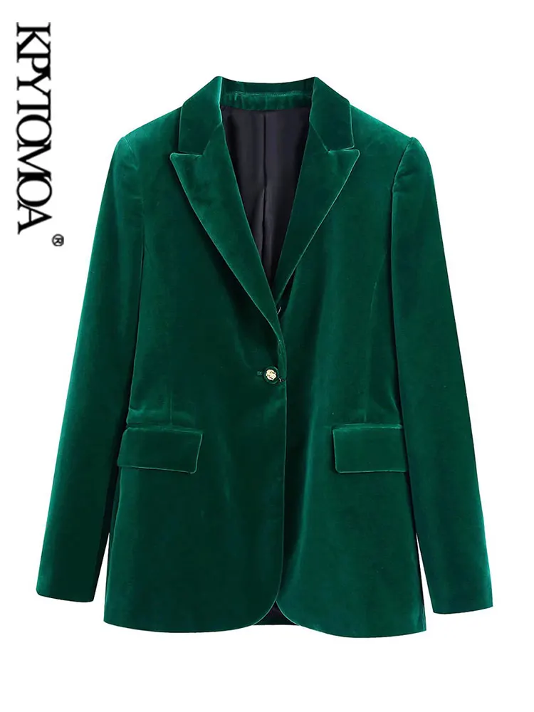 

KPYTOMOA Women Fashion Metal Button Velvet Green Blazer Coat Vintage Long Sleeve Flap Pockets Female Outerwear Chic Veste