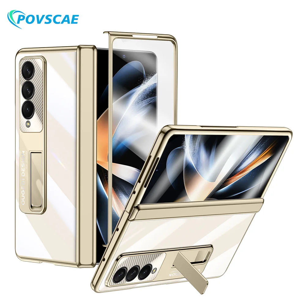 

Shockproof Plating Case for Samsung Galaxy Z Fold 4 Hinge Protection Transparent Case with Kickstand Built-in Screen Protector