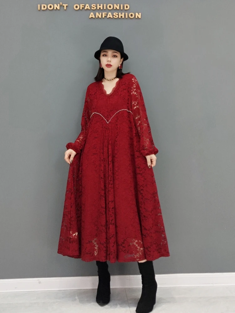 

SuperAen 2022 Spring New Fashion Lace Loose Skinny Bottom Shirt Puff Sleeve V Neck A Line Dresses for Women