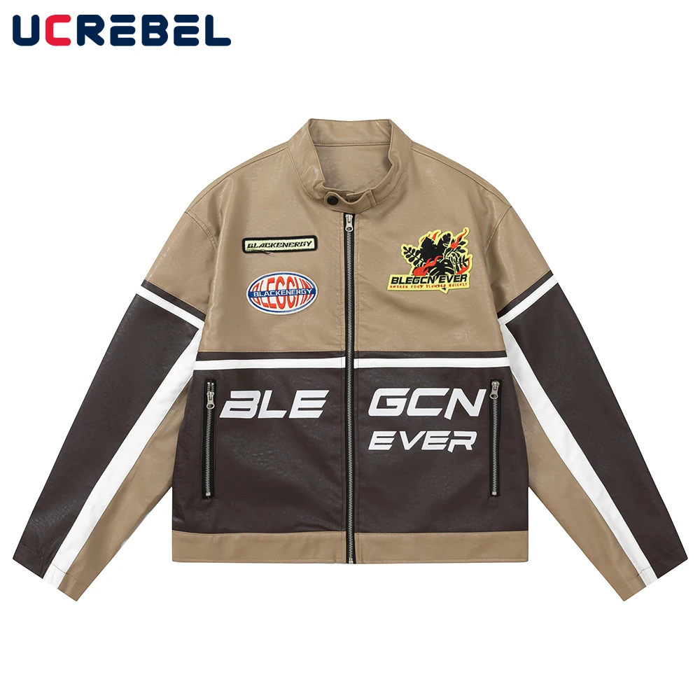 

Куртка мужская из искусственной кожи с надписью, уличная одежда, контрастный воротник-стойка, Повседневная Верхняя одежда с вышивкой