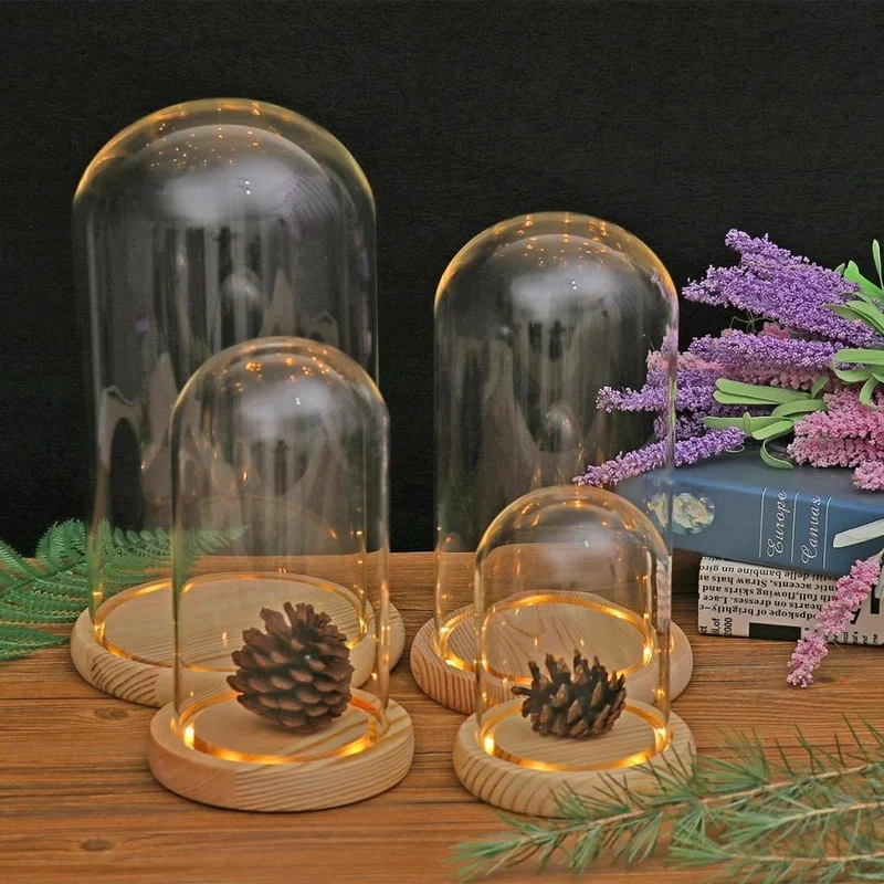 

Glass Dome Wooden Base Container Tabletop Display Glass Cover Dry Flower Ornaments Craft Dust Bell Jar Terrarium Landscape Vase