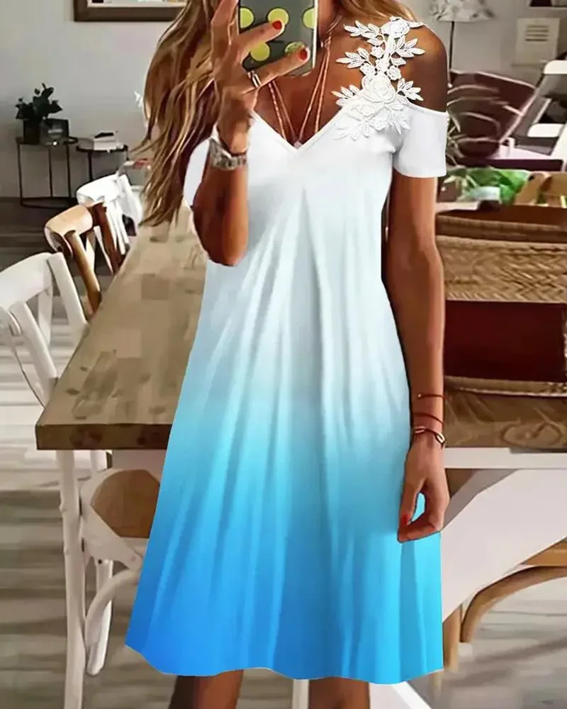 

2022 Summer Woman Chic Ombre Contrast Lace V-Neck Cold Shoulder Casual Short Sleeve Mini Vacation Dress