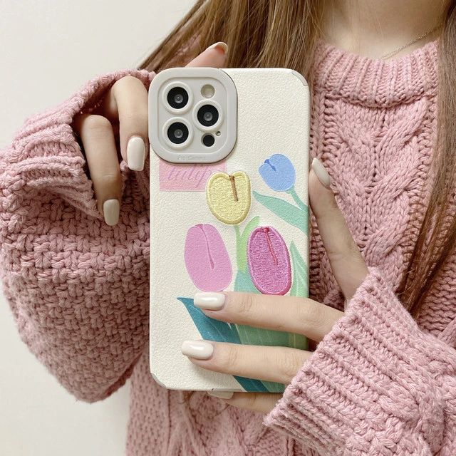 

2022 Trend For iPhone 13 12 11 Pro Max mini xr xs Max x SE 2020 7 8 6 6S Plus Soft Back Cover Embroidered tulip Flower Phone Ca