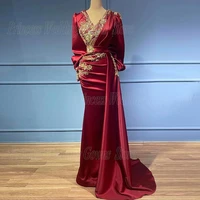 formal dubai evening gown 2022 satin mermaid prom dresses for woamn with long sleeves floor length v neck applique robe de sorie
