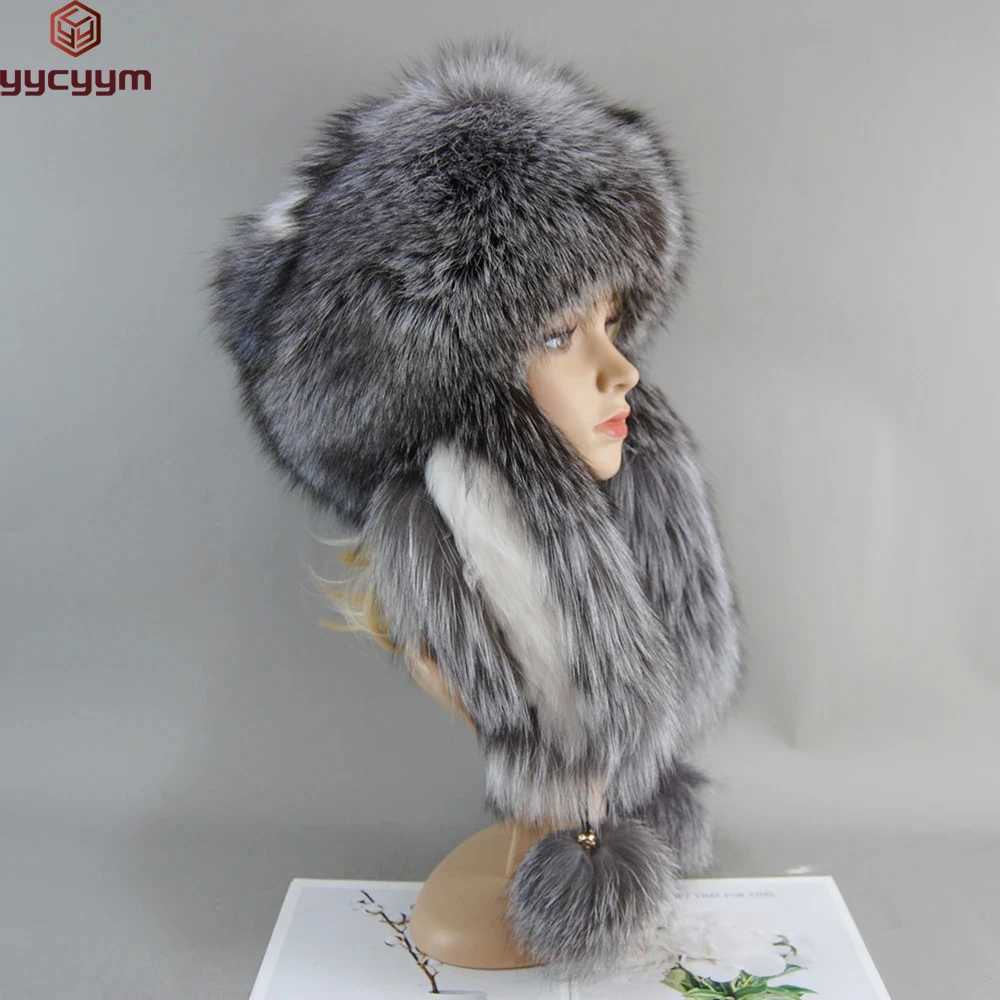 2023 New Women Real Fur Bomber Hats Lady Winter Warm Luxury 100% Natural Fox Fur Hat Fashion Fluffy Fox Fur Rex Rabbit Fur Caps