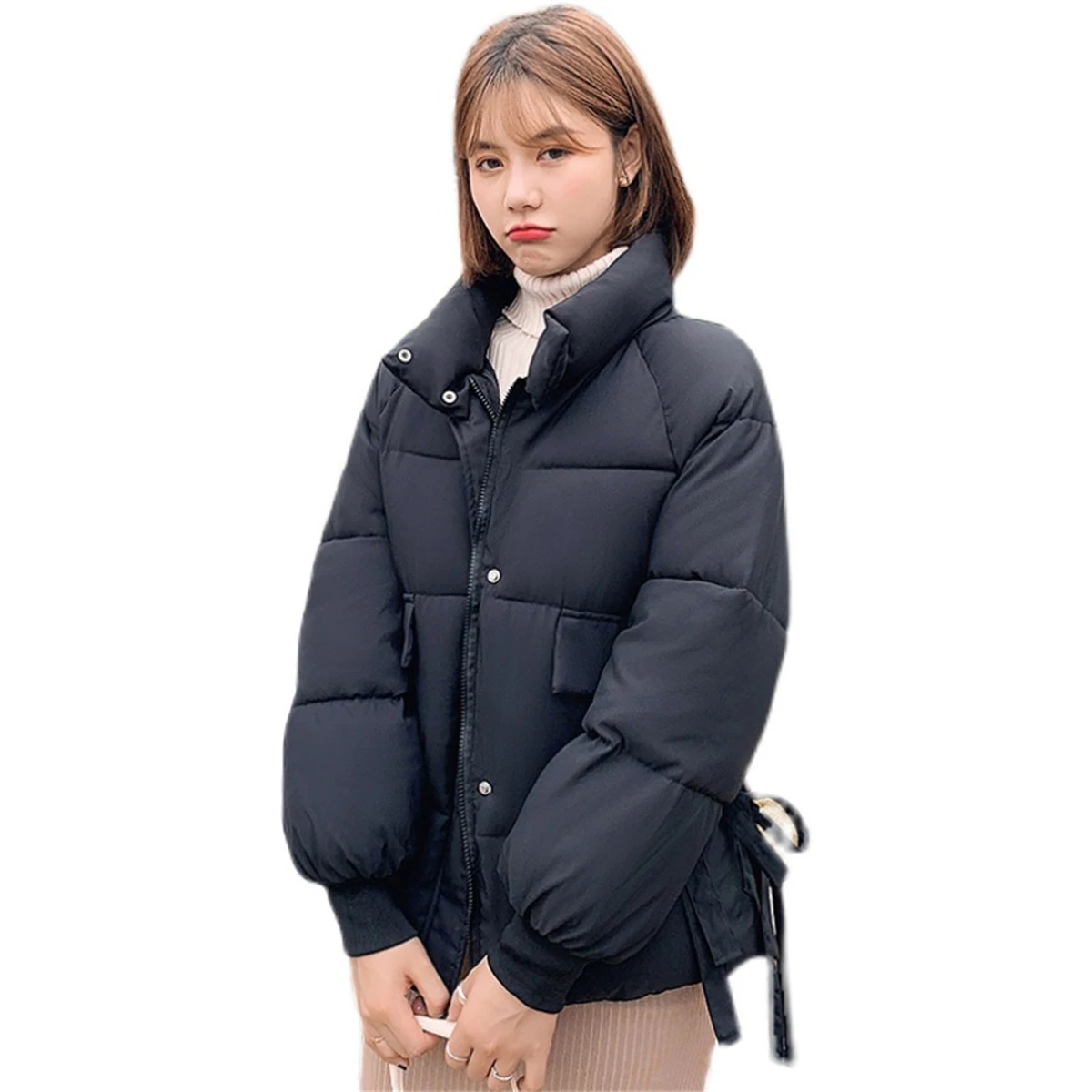 2022 Winter New Korean Women's Long Sleeve Solid Color Bread Jacket Cotton Pdded Jacket Loose Stand Collar Ribbon Down Jacket