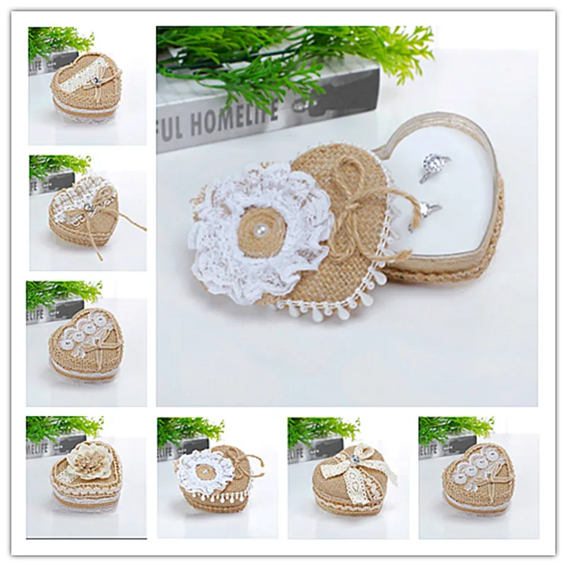 

Vintage Double Ring Display Holder Heart Shape Burlap Hessin Wedding Ring Boxes Engagement, Wedding, Ceremony