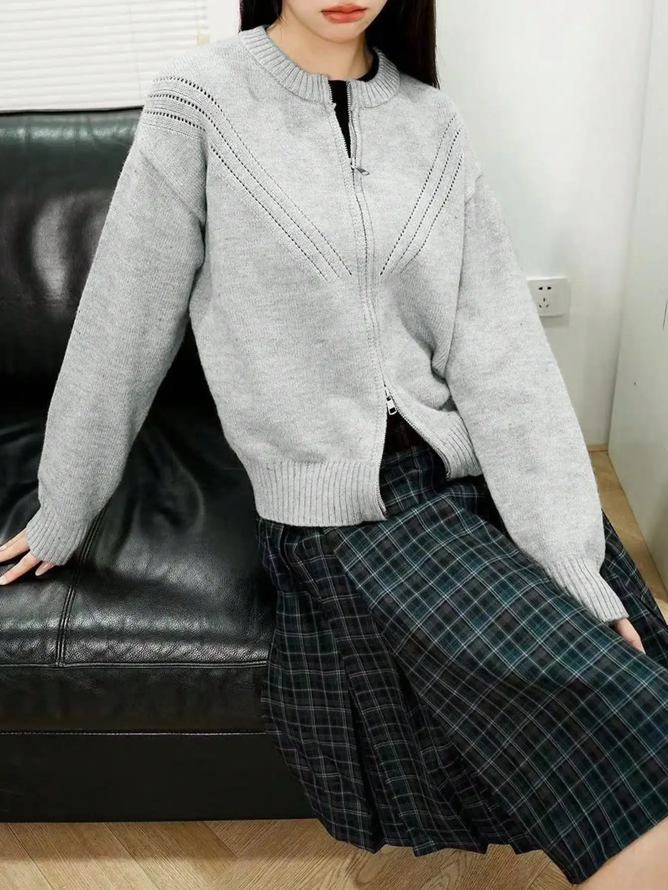 Южнокорейский Dongdaemun осенний нишевый дизайн двойная молния вырез вязаный женский