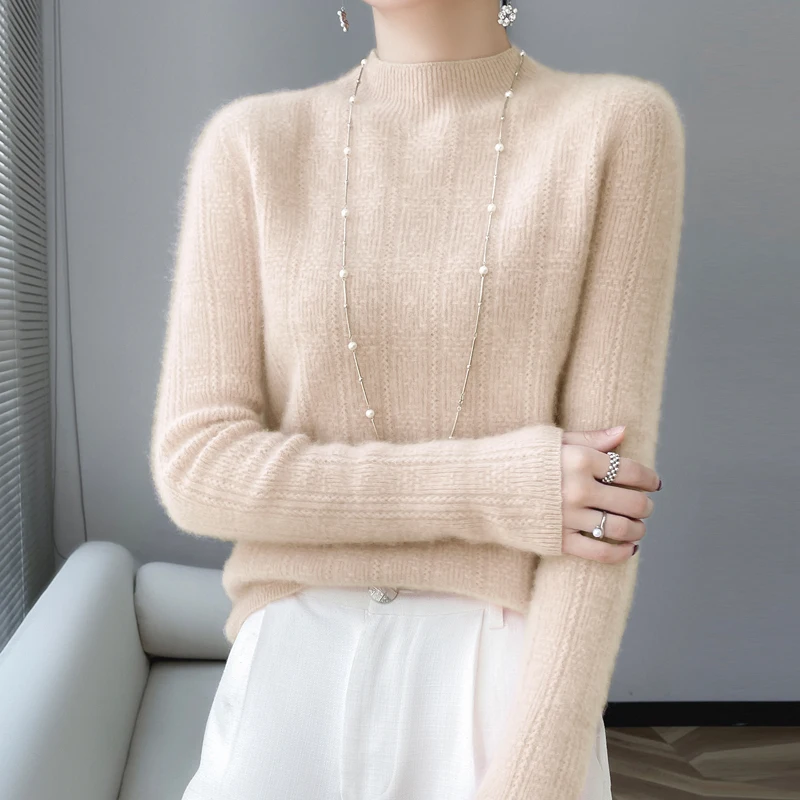 

Half High Neck Hollowed Out Wool Sweater For Women With 100% Australian Wool Base Seamless Warm Knit Pullover