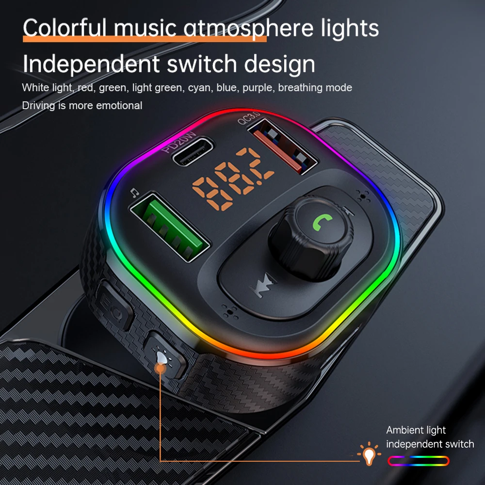 

Ambient Light Bluetooth 5.1 Car FM Transmitter Lossless Music MP3 Player Handsfree Dual USB 18W QC3.0+20W PD Type C Fast Charger