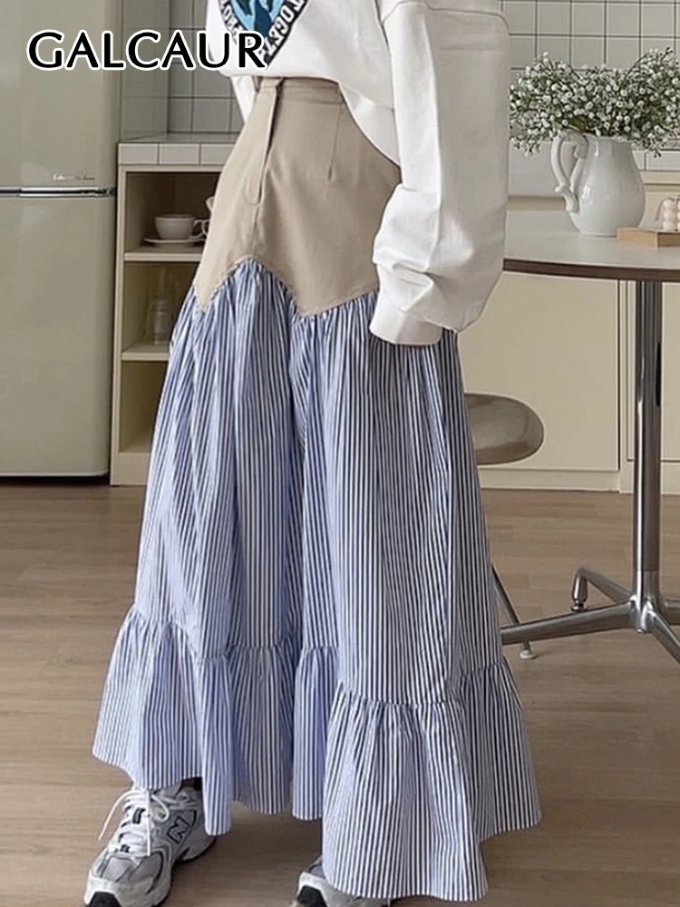 

GALCAUR Striped Patchwork Maxi Skirts For Women High Waist Spliced Ruffles Loose Colorblock A Line Korean Summer Skirt Female