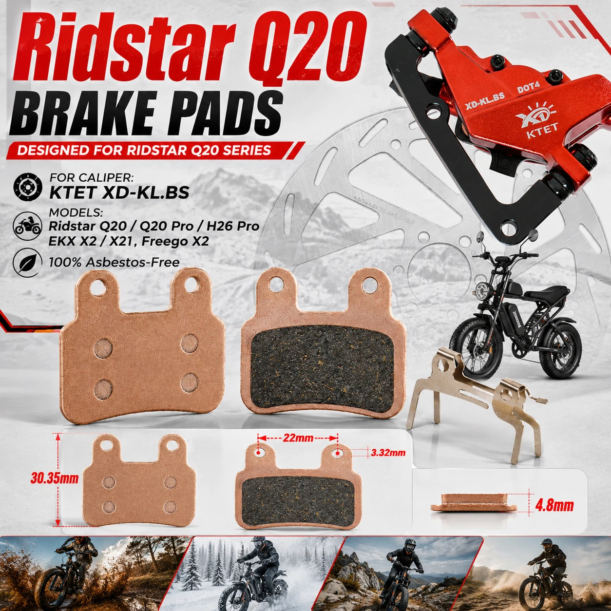 Фото Тормозные колодки Ridstar Q20 полуметаллические, 2 пары, для гидравлических суппортов KTET XD-KL.BS с 2 поршнями, Ridstar Q20 EKX X21 Freego X2 №1