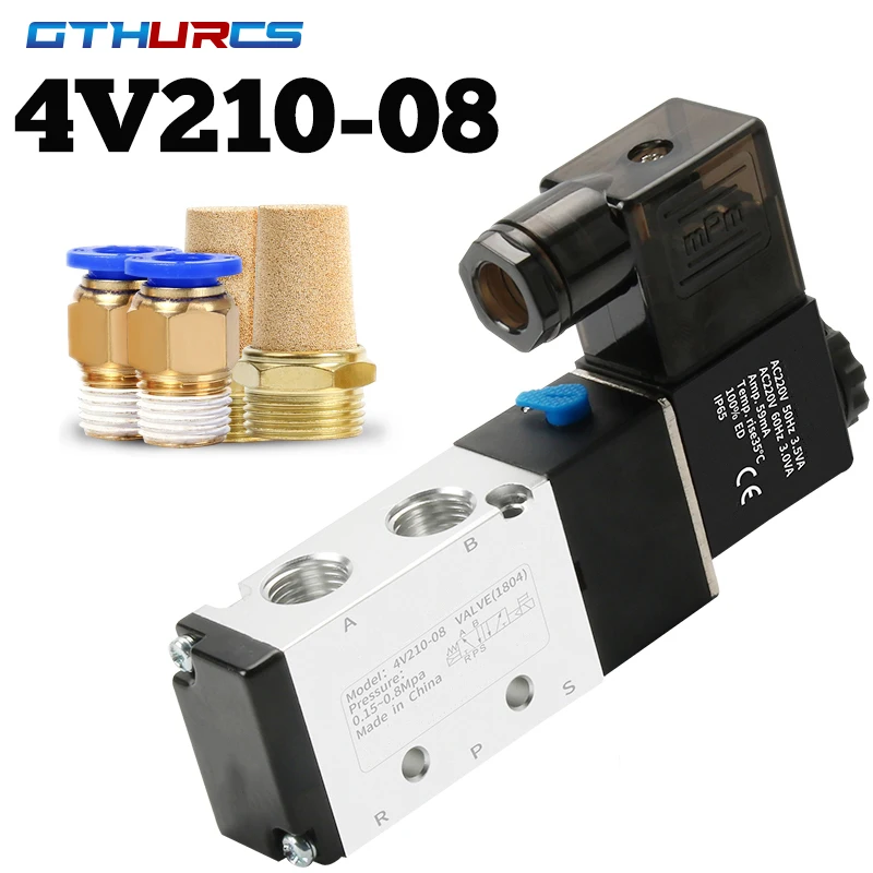 

4v210-08 Pneumatic Valve Electric Solenoid Valve 5 Way 2 Position Control Air Gas Magnetic Valve 12V 24V 220V Coil Volt