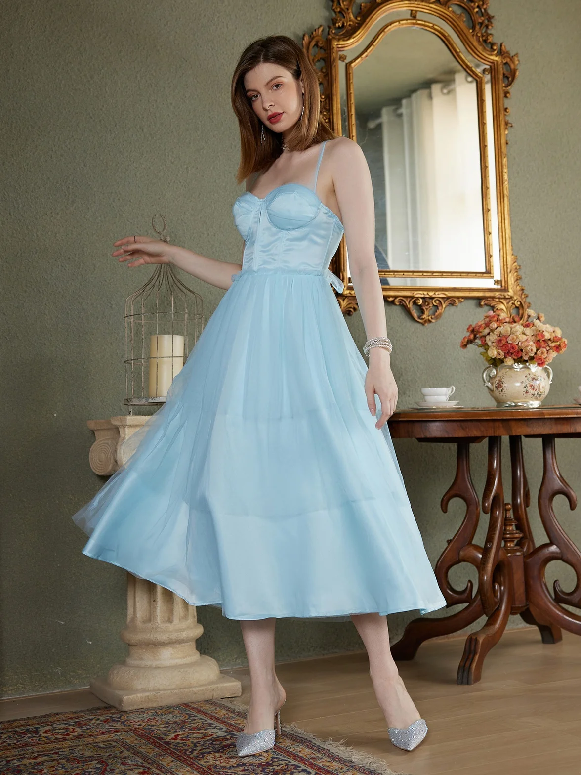 

Pleats Tulle Princess Dress A-line Spaghetti Straps Blue Tea-Length Prom Homecoming Graduation Robes De Cocktail Ball Gown 2022