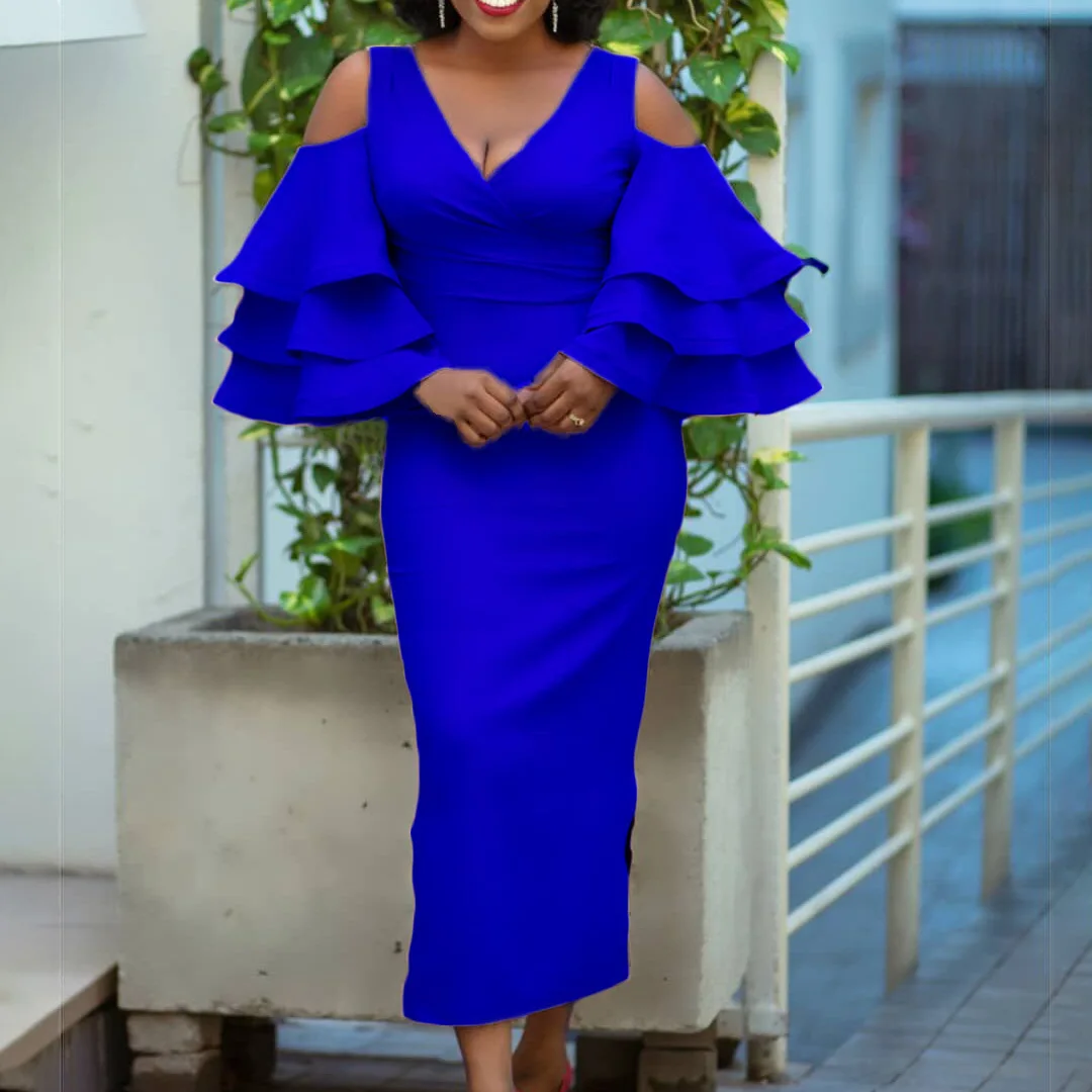 

Mandylandy V-neck Bodycon Dress Black Women Short Off-Shoulder Ruffle Sleeve Solid Color Sheath Ol Office Dress Midi High Waist