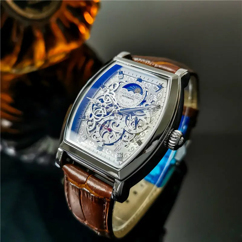 

Luxury Temperament Brand Men watch Automatic Mechanical Watches Luminous Waterproof Moon Phase Tourbillon Barrel Type Wristwatch