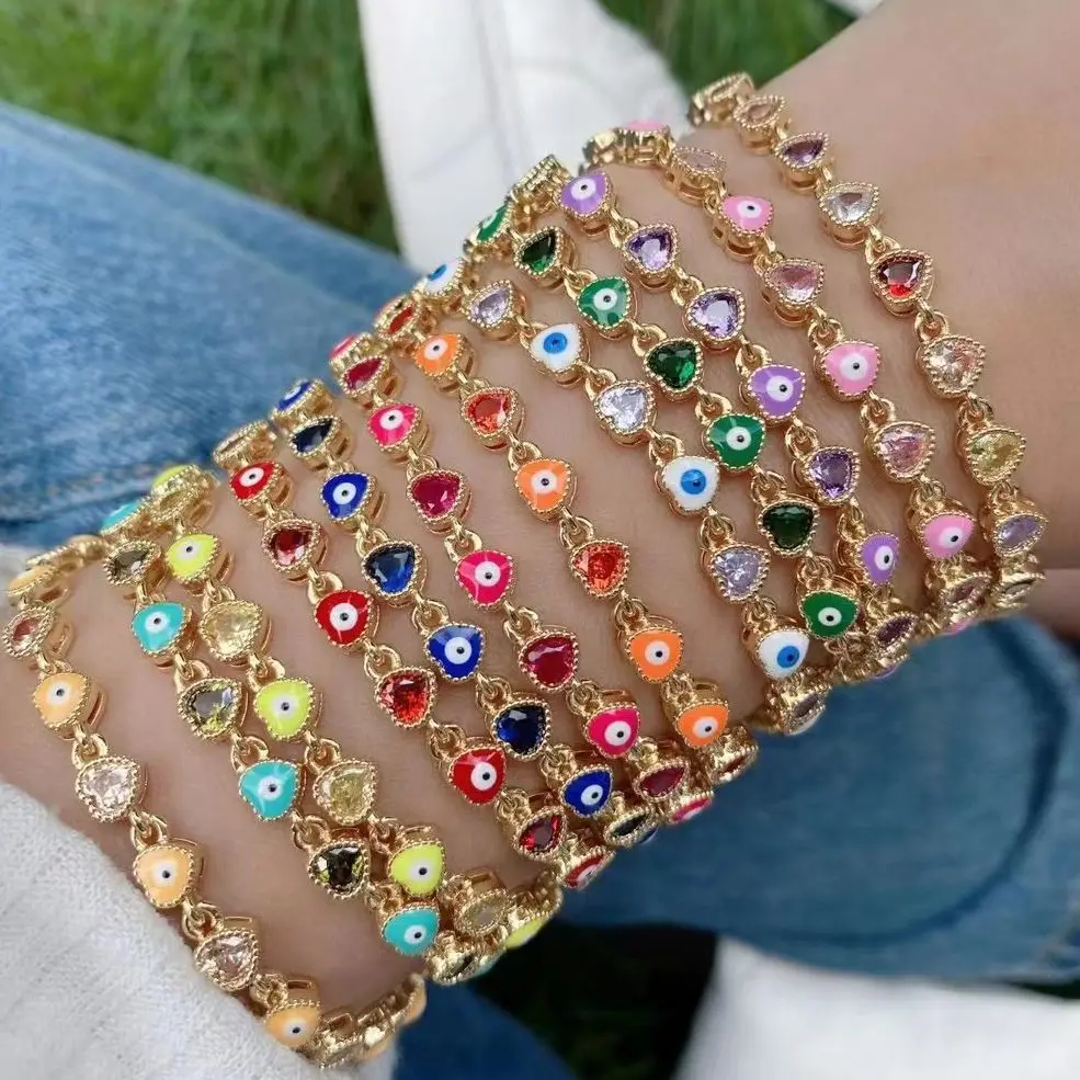 

5Pcs Colorful Enamel Heart Shape Eye Bead Chain Bracelet for Women Copper Zircon Greek Eye Bracelets Rainbow Women Jewelry