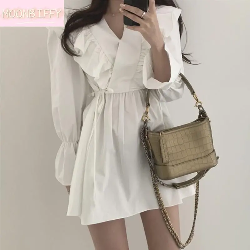 

Женское винтажное платье с рюшами, элегантное облегающее мини-платье с V-образным вырезом, рукавами-фонариками и шнуровкой, универсальная уличная одежда в стиле ольччан