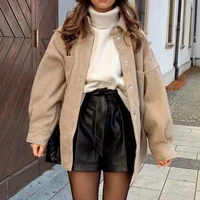 fashion tweed loose vintage long sleeve casual manteau winter women shirt coat with pockets female hidden button outerwear tops