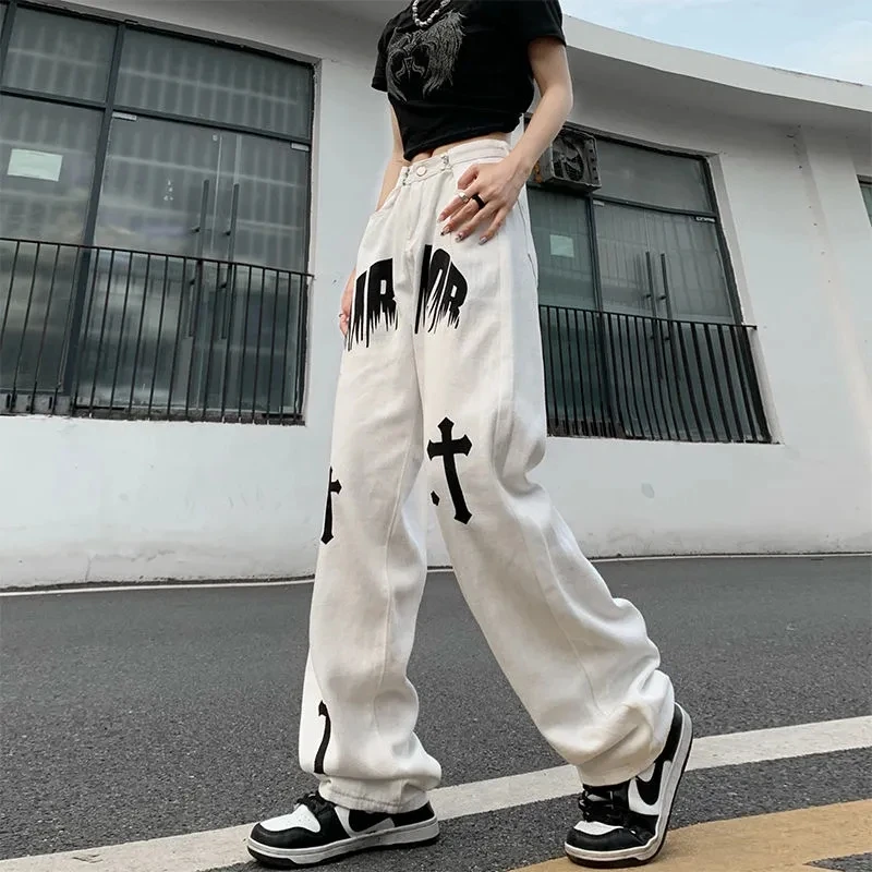 Autumn Winter New Print Jeans Boy Girl Loose Straight Wide Leg Pants Streetwear Trend White Simple Trousers Slouchy Jeans Unisex