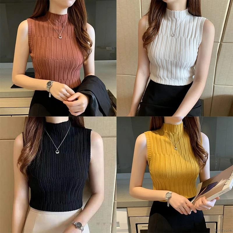 

Top Women Solid Color Slim Half Turtleneck Sleeveless Knitted Tops