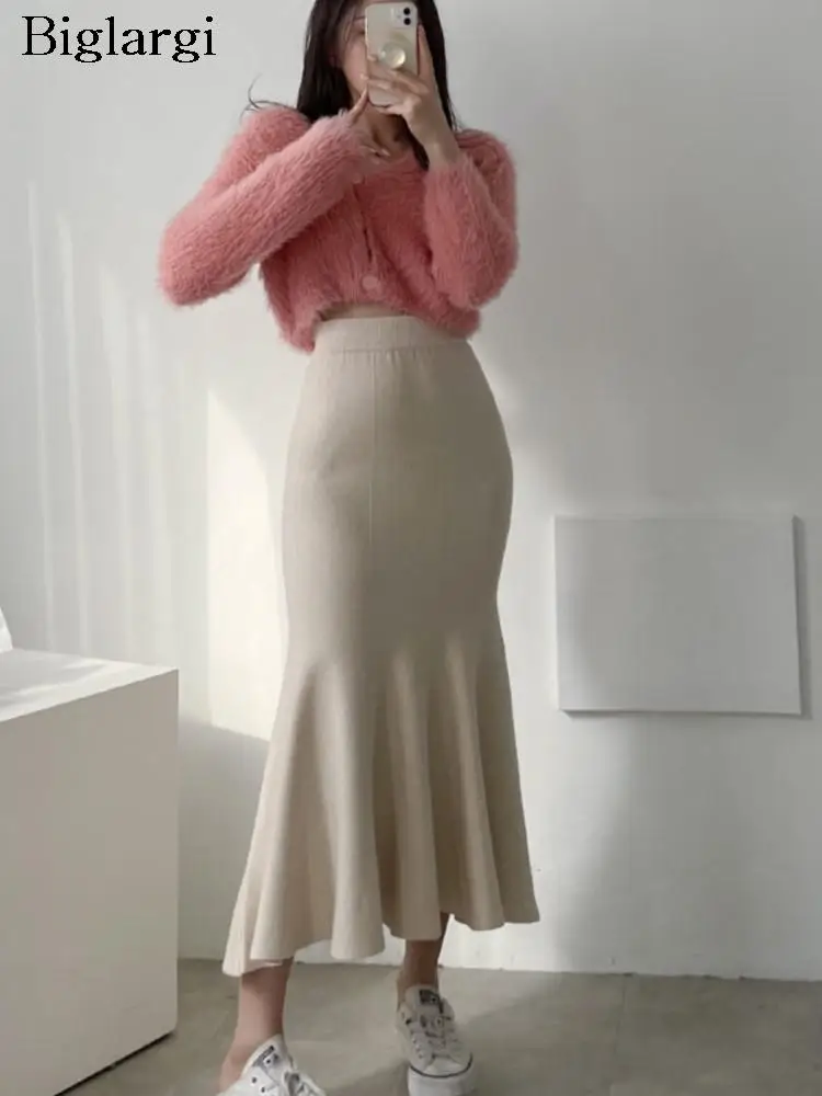 

Autumn Midi Skirt Women Korea Style Ruffle Pleated Fishtail Ladies Skirts Fashion High Waist Bodycon Woman Skirt 2023