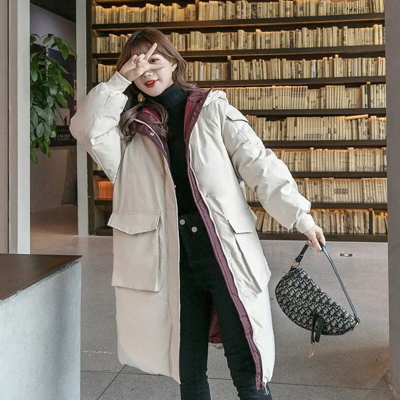 Women Mid Length Hooded Padded Jacket Korean Fashion Winter Warmth Student Loose Bread Clothes Thicken Cotton Padded Jacket Za